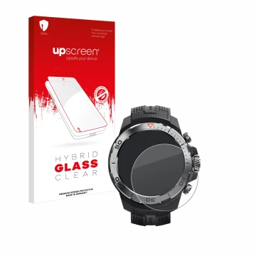 Parte frontal de un envase de producto con el logotipo de la marca upscreen. Al lado se muestra el dispositivo Xiaomi Mibro GS