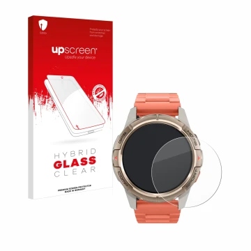 Parte frontal de un envase de producto con el logotipo de la marca upscreen. Al lado se muestra el dispositivo Xiaomi Mibro GS