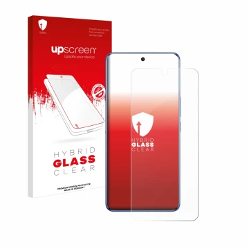 Parte frontal de un envase de producto con el logotipo de la marca upscreen. Al lado se muestra el dispositivo Vivo V50 con su