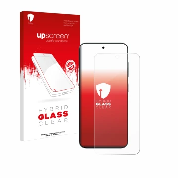 Parte frontal de un envase de producto con el logotipo de la marca upscreen. Al lado se muestra el dispositivo ZTE Blade V70 c