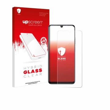 Parte frontal de un envase de producto con el logotipo de la marca upscreen. Al lado se muestra el dispositivo ZTE Blade V70 M
