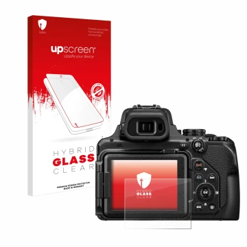 Parte frontal de un envase de producto con el logotipo de la marca upscreen. Al lado se muestra el dispositivo Nikon Coolpix P