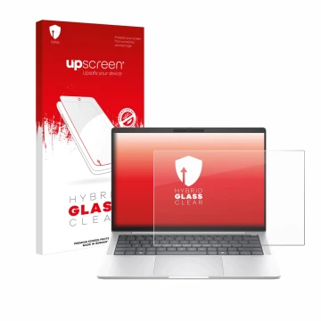 Parte frontal de un envase de producto con el logotipo de la marca upscreen. Al lado se muestra el dispositivo HP EliteBook 10