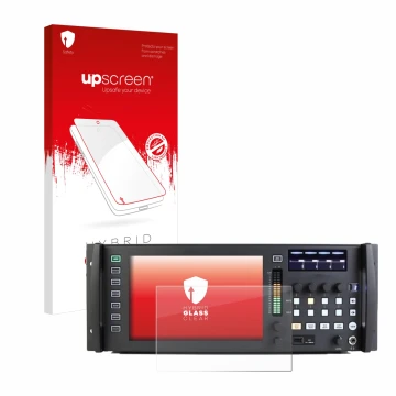 Parte frontal de un envase de producto con el logotipo de la marca upscreen. Al lado se muestra el dispositivo Behringer Wing 