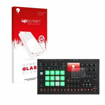 Parte frontal de un envase de producto con el logotipo de la marca upscreen. Al lado se muestra el dispositivo Elektron Analog