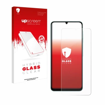 Parte frontal de un envase de producto con el logotipo de la marca upscreen. Al lado se muestra el dispositivo Samsung Galaxy 