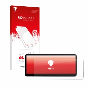 Parte frontal de un envase de producto con el logotipo de la marca upscreen. Al lado se muestra el dispositivo Xtrons QLB22X3U