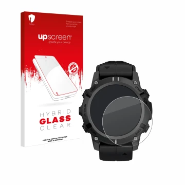 Parte frontal de un envase de producto con el logotipo de la marca upscreen. Al lado se muestra el dispositivo Garmin Descent 