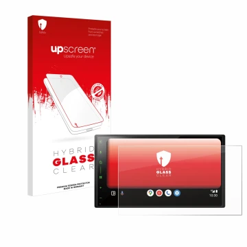 Parte frontal de un envase de producto con el logotipo de la marca upscreen. Al lado se muestra el dispositivo Pioneer SPH-DA7