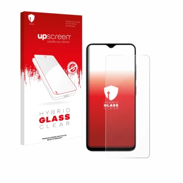 Parte frontal de un envase de producto con el logotipo de la marca upscreen. Al lado se muestra el dispositivo ZTE Blade A35e 