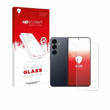Parte frontal de un envase de producto con el logotipo de la marca upscreen. Al lado se muestra el dispositivo Samsung Galaxy 