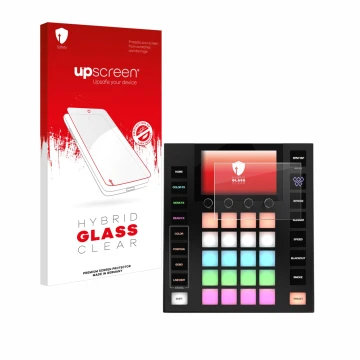 Parte frontal de un envase de producto con el logotipo de la marca upscreen. Al lado se muestra el dispositivo Wolfmix W1 MK2 