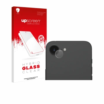 Parte frontal de un envase de producto con el logotipo de la marca upscreen. Al lado se muestra el dispositivo Apple iPhone 16