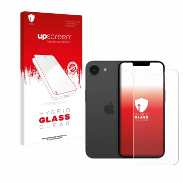 Parte frontal de un envase de producto con el logotipo de la marca upscreen. Al lado se muestra el dispositivo Apple iPhone 16