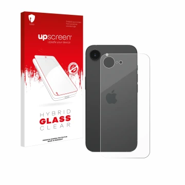 Parte frontal de un envase de producto con el logotipo de la marca upscreen. Al lado se muestra el dispositivo Apple iPhone 16