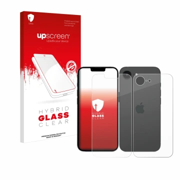 Parte frontal de un envase de producto con el logotipo de la marca upscreen. Al lado se muestra el dispositivo Apple iPhone 16