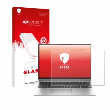 Parte frontal de un envase de producto con el logotipo de la marca upscreen. Al lado se muestra el dispositivo HP EliteBook 83