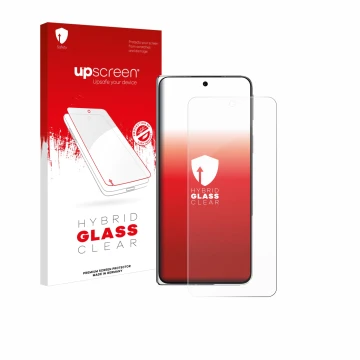 Parte frontal de un envase de producto con el logotipo de la marca upscreen. Al lado se muestra el dispositivo Oppo Find N5 co