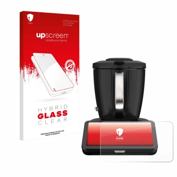 Parte frontal de un envase de producto con el logotipo de la marca upscreen. Al lado se muestra el dispositivo Vorwerk Thermom