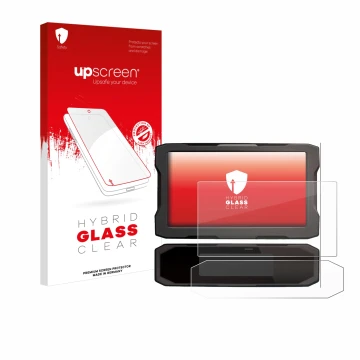Parte frontal de un envase de producto con el logotipo de la marca upscreen. Al lado se muestra el dispositivo Honda NT 1100 2