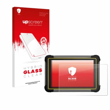 Parte frontal de un envase de producto con el logotipo de la marca upscreen. Al lado se muestra el dispositivo Leica iCON CC17