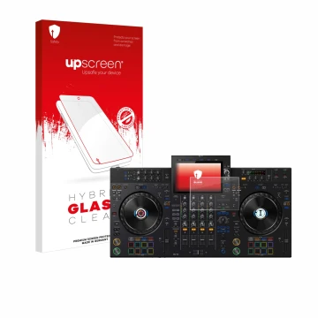 Parte frontal de un envase de producto con el logotipo de la marca upscreen. Al lado se muestra el dispositivo Pioneer XDJ-AZ 