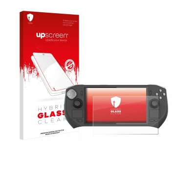 Parte frontal de un envase de producto con el logotipo de la marca upscreen. Al lado se muestra el dispositivo Zotac Gaming Zo