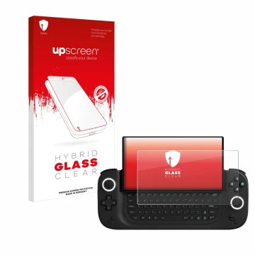 Parte frontal de un envase de producto con el logotipo de la marca upscreen. Al lado se muestra el dispositivo Antec Core HS c