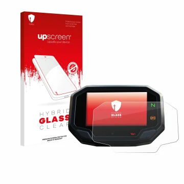 Parte frontal de un envase de producto con el logotipo de la marca upscreen. Al lado se muestra el dispositivo Kawasaki Versys