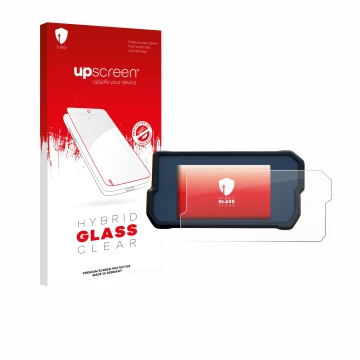 Parte frontal de un envase de producto con el logotipo de la marca upscreen. Al lado se muestra el dispositivo KTM 390 / 890 A