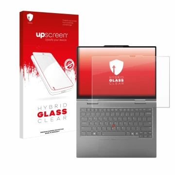 Parte frontal de un envase de producto con el logotipo de la marca upscreen. Al lado se muestra el dispositivo Lenovo ThinkPad