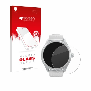 Parte frontal de un envase de producto con el logotipo de la marca upscreen. Al lado se muestra el dispositivo Hama Smartwatch