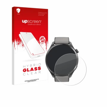 Parte frontal de un envase de producto con el logotipo de la marca upscreen. Al lado se muestra el dispositivo Hama Smartwatch