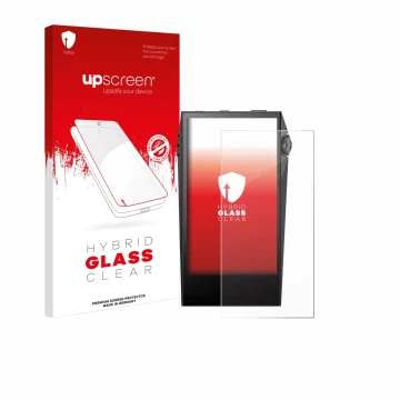 Parte frontal de un envase de producto con el logotipo de la marca upscreen. Al lado se muestra el dispositivo Astell&Kern SP3