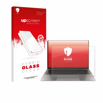Parte frontal de un envase de producto con el logotipo de la marca upscreen. Al lado se muestra el dispositivo Honor MagicBook