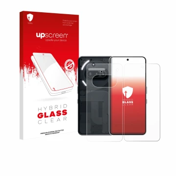 Parte frontal de un envase de producto con el logotipo de la marca upscreen. Al lado se muestra el dispositivo Nothing Phone (