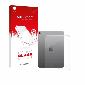 Parte frontal de un envase de producto con el logotipo de la marca upscreen. Al lado se muestra el dispositivo Apple iPad Air 