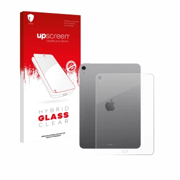 Parte frontal de un envase de producto con el logotipo de la marca upscreen. Al lado se muestra el dispositivo Apple iPad Air 