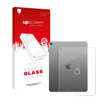 Parte frontal de un envase de producto con el logotipo de la marca upscreen. Al lado se muestra el dispositivo Apple iPad Air 