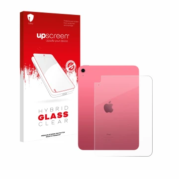 Parte frontal de un envase de producto con el logotipo de la marca upscreen. Al lado se muestra el dispositivo Apple iPad A16 