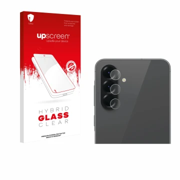 Parte frontal de un envase de producto con el logotipo de la marca upscreen. Al lado se muestra el dispositivo Samsung Galaxy 