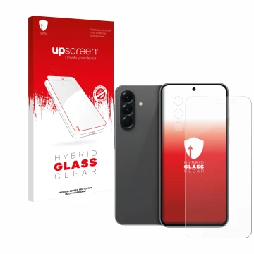 Parte frontal de un envase de producto con el logotipo de la marca upscreen. Al lado se muestra el dispositivo Samsung Galaxy 