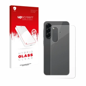 Parte frontal de un envase de producto con el logotipo de la marca upscreen. Al lado se muestra el dispositivo Samsung Galaxy 