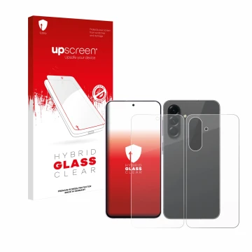 Parte frontal de un envase de producto con el logotipo de la marca upscreen. Al lado se muestra el dispositivo Samsung Galaxy 