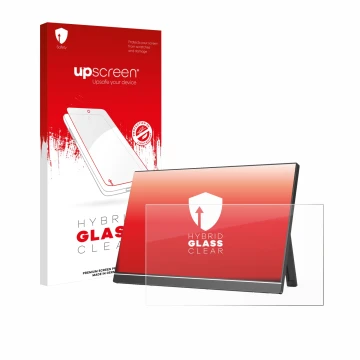 Parte frontal de un envase de producto con el logotipo de la marca upscreen. Al lado se muestra el dispositivo Arzopa Z1RC 16