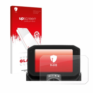 Parte frontal de un envase de producto con el logotipo de la marca upscreen. Al lado se muestra el dispositivo Honda Hornet CB