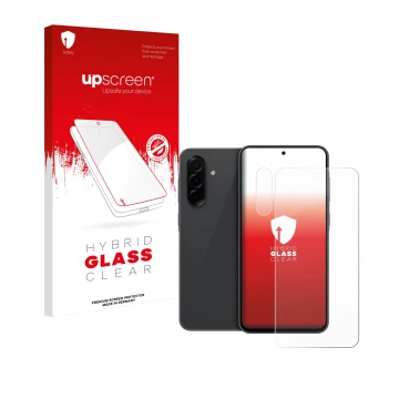 Parte frontal de un envase de producto con el logotipo de la marca upscreen. Al lado se muestra el dispositivo Samsung Galaxy 