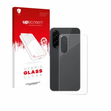 Parte frontal de un envase de producto con el logotipo de la marca upscreen. Al lado se muestra el dispositivo Samsung Galaxy 