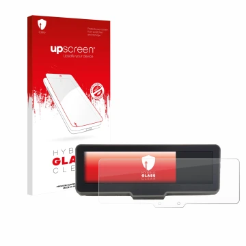 Parte frontal de un envase de producto con el logotipo de la marca upscreen. Al lado se muestra el dispositivo KTM 990 Duke R 