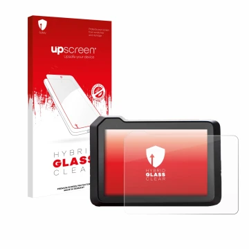 Parte frontal de un envase de producto con el logotipo de la marca upscreen. Al lado se muestra el dispositivo KTM 1390 Super 